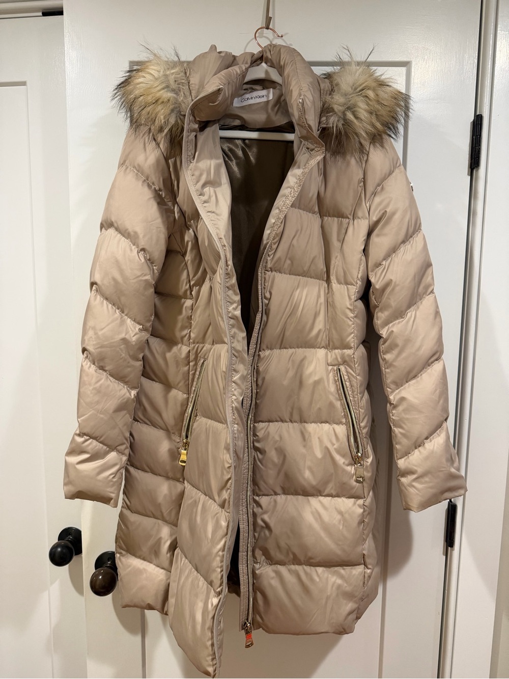 Calvin Klein Taupe Beige Long Puffer Coat with Faux Fur Hood